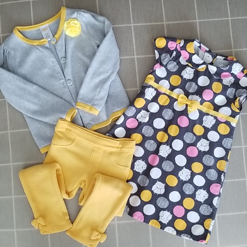 Owl Polka Dot Dress with leggings and Cardigan